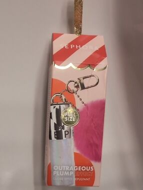 Sephora Pink Pom Lip Gloss Keychain Case with Holographic Tube